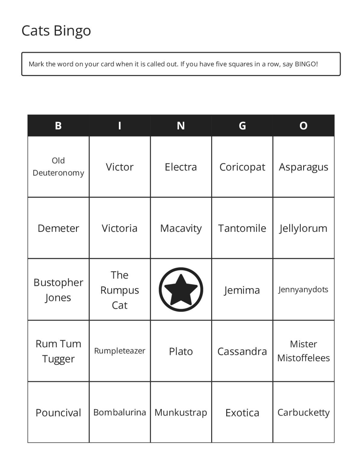 Bingo cards with character names from the musical Cats including Grizabella and Macavity.