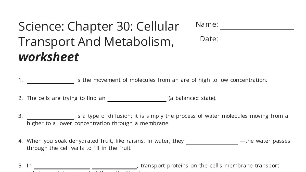 Science: Chapter 30: Cellular Transport And Metabolism, worksheet - My ...