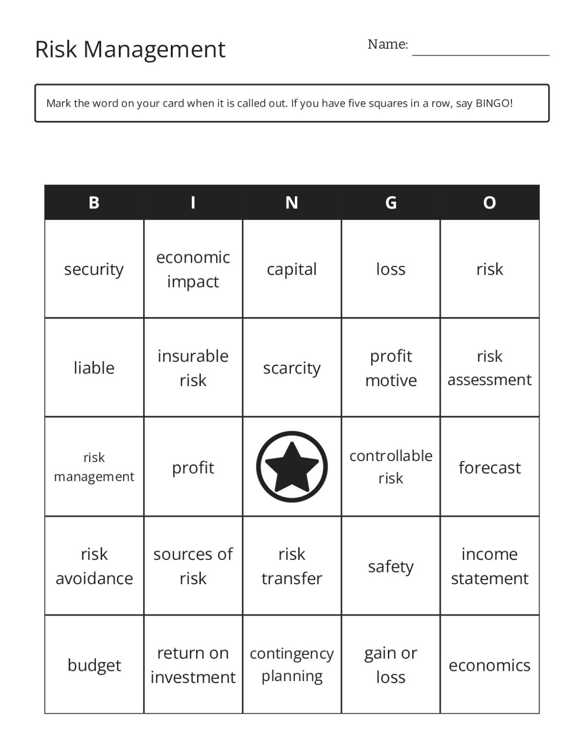 Bingo cards with risk management and economics vocabulary including profit, capital, and risk assessment.