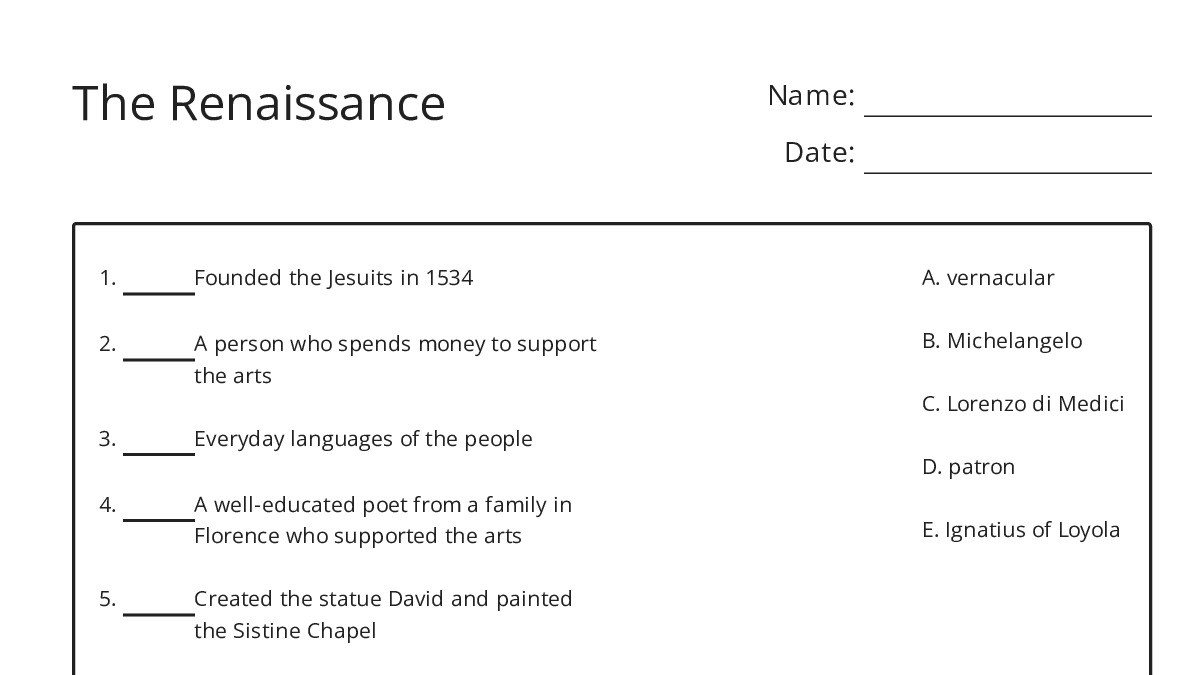 The Renaissance - My Worksheet Maker: Create Your Own Worksheets