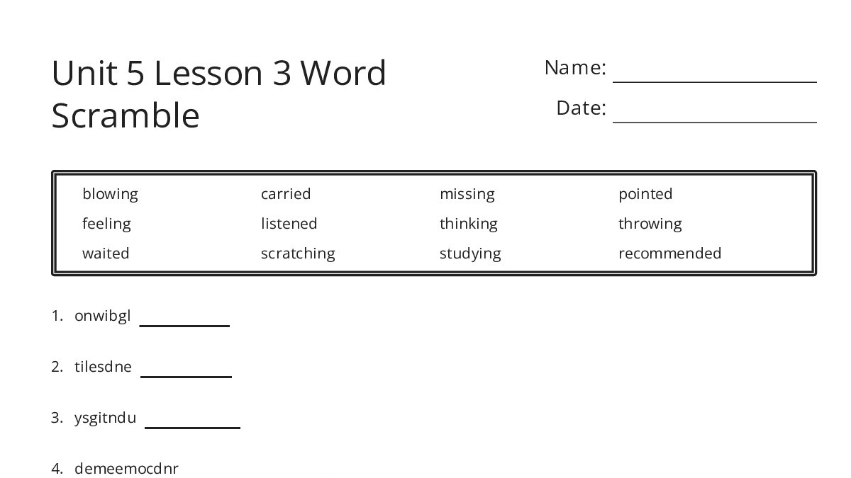 Unit 5 Lesson 3 Word Scramble - My Worksheet Maker: Create Your Own ...