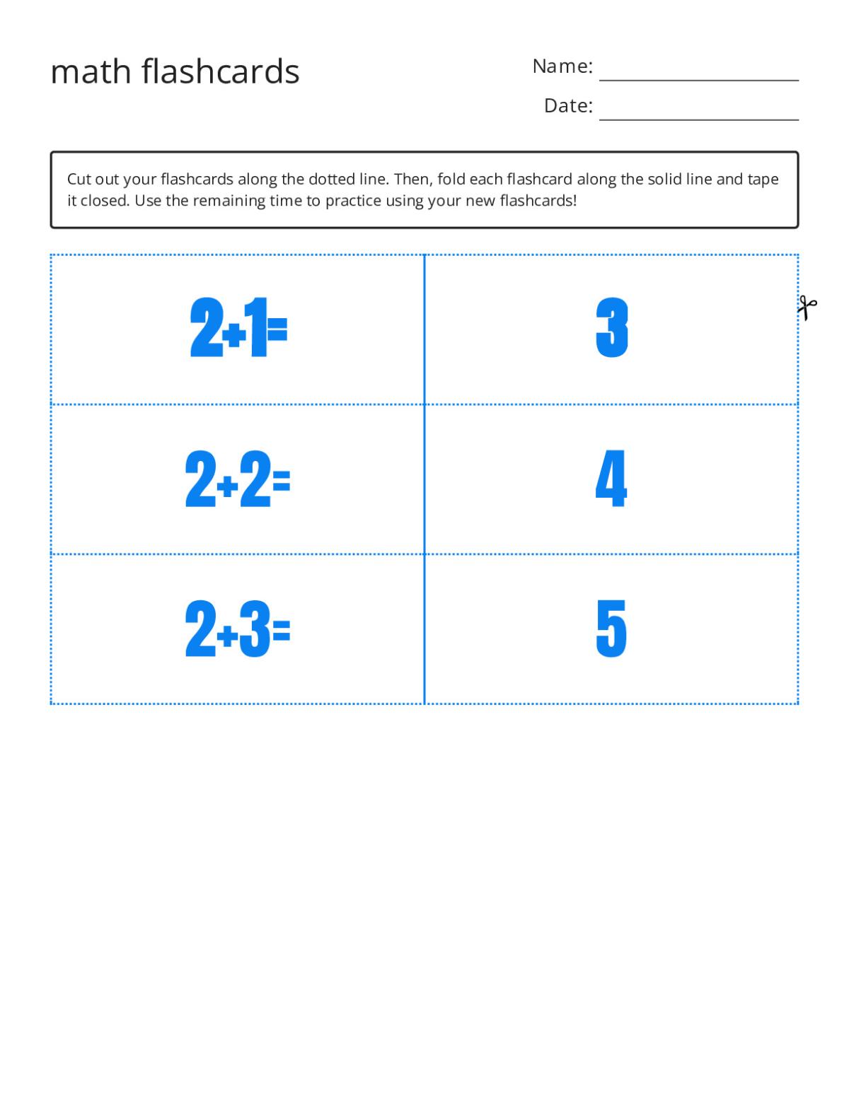 Addition flashcards with simple equations like 2+1, 2+2, 2+3 for kindergarten and Grade 1.