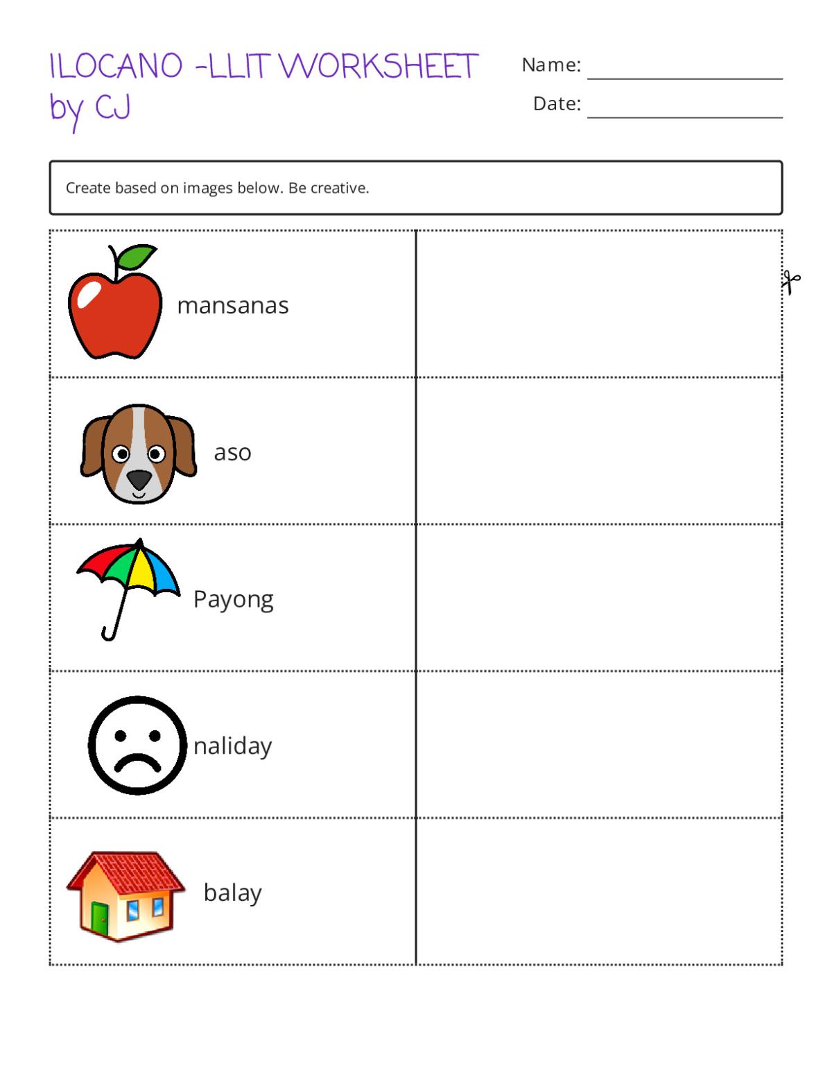Ilocano vocabulary flashcards with words like mansanas, aso, and balay.