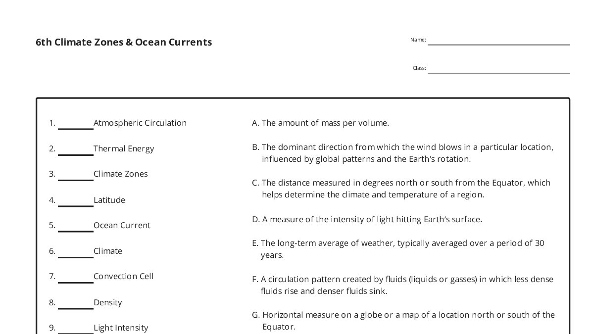 6th Climate Zones & Ocean Currents - My Worksheet Maker: Create Your ...