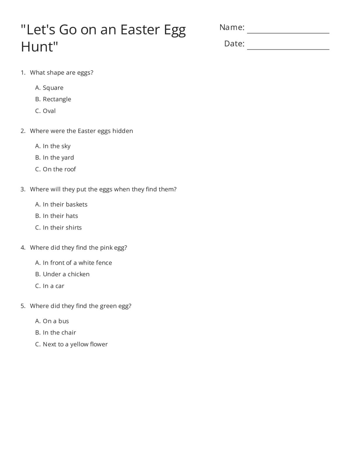 Printable Pre-K Easter worksheet with multiple-choice questions about finding colored eggs, shapes, and locations.