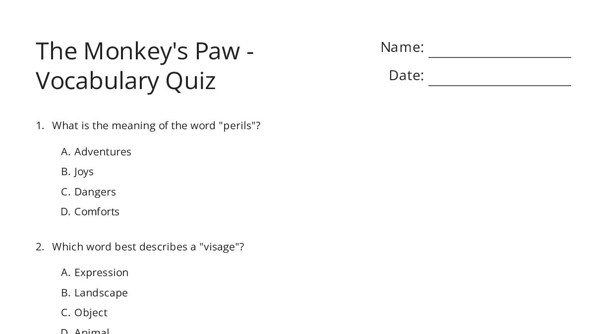 The Monkey's Paw - Vocabulary Quiz - My Worksheet Maker: Create Your ...