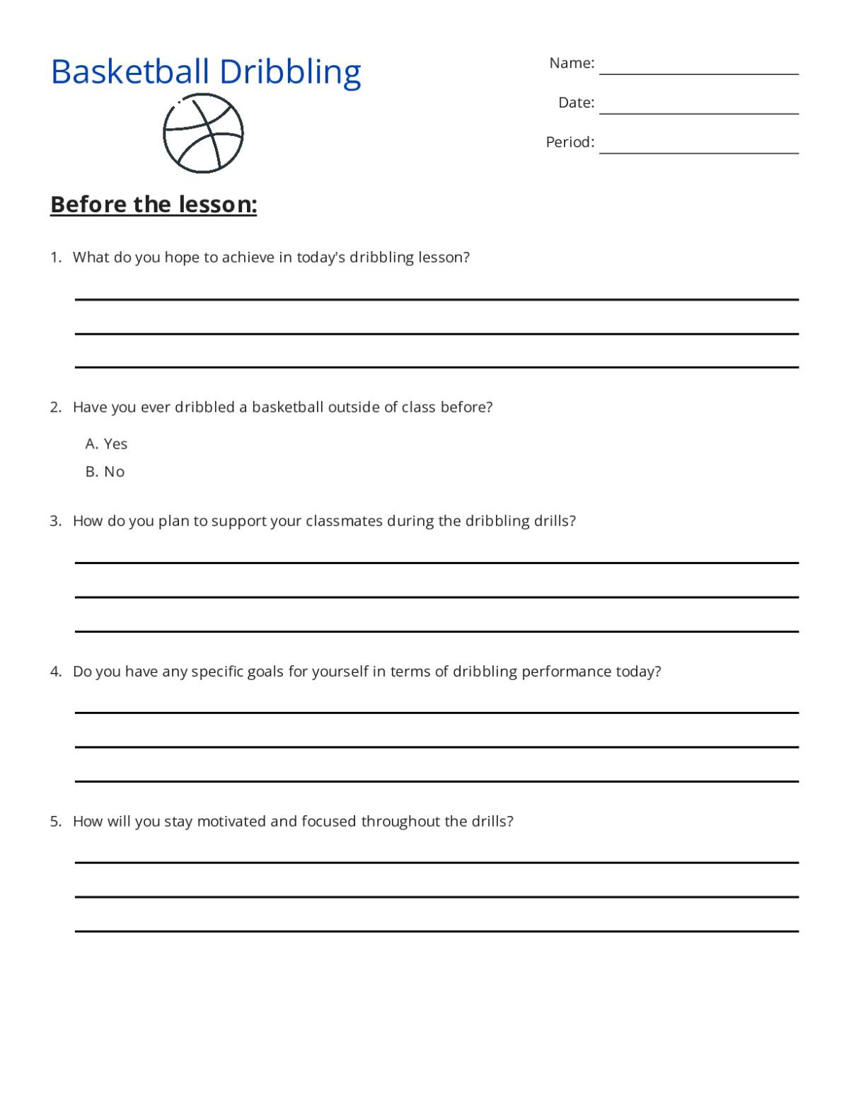 Printable 7th grade basketball worksheet with reflection questions on dribbling practice, teamwork, and skill goals.