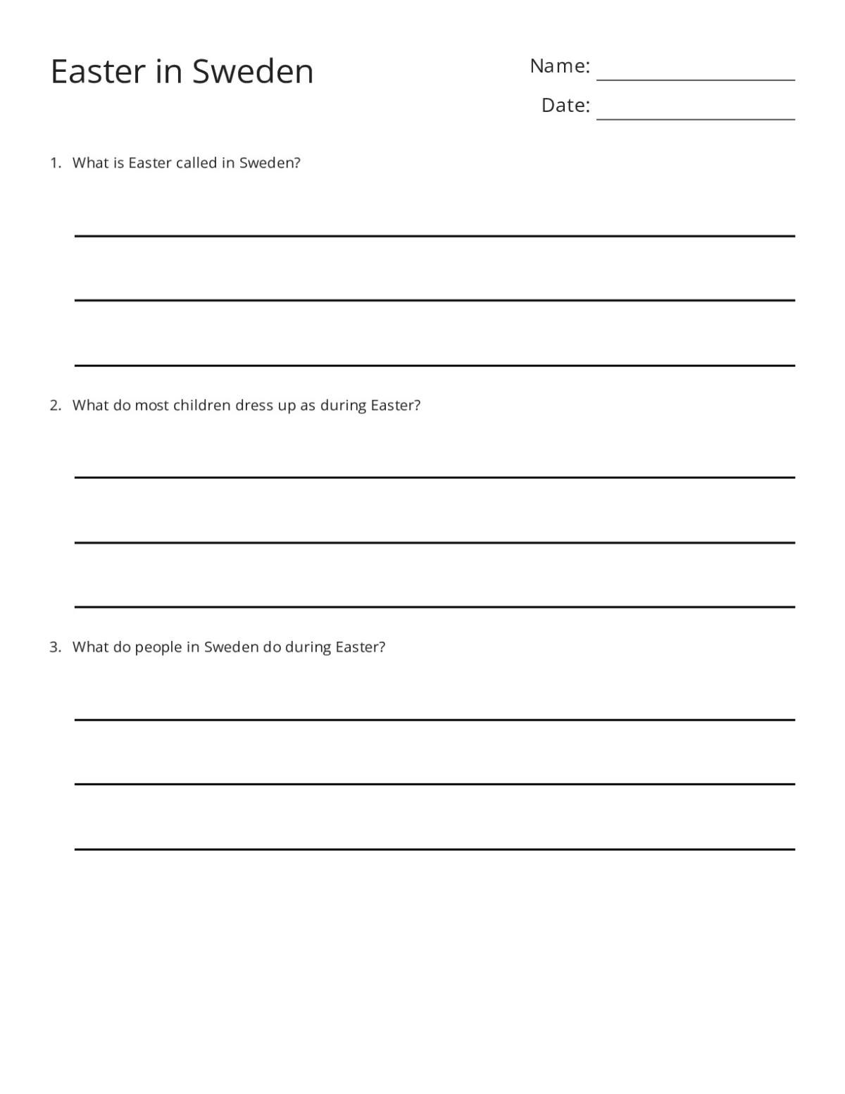 Printable 3rd grade worksheet about Easter traditions in Sweden with three reading comprehension questions.