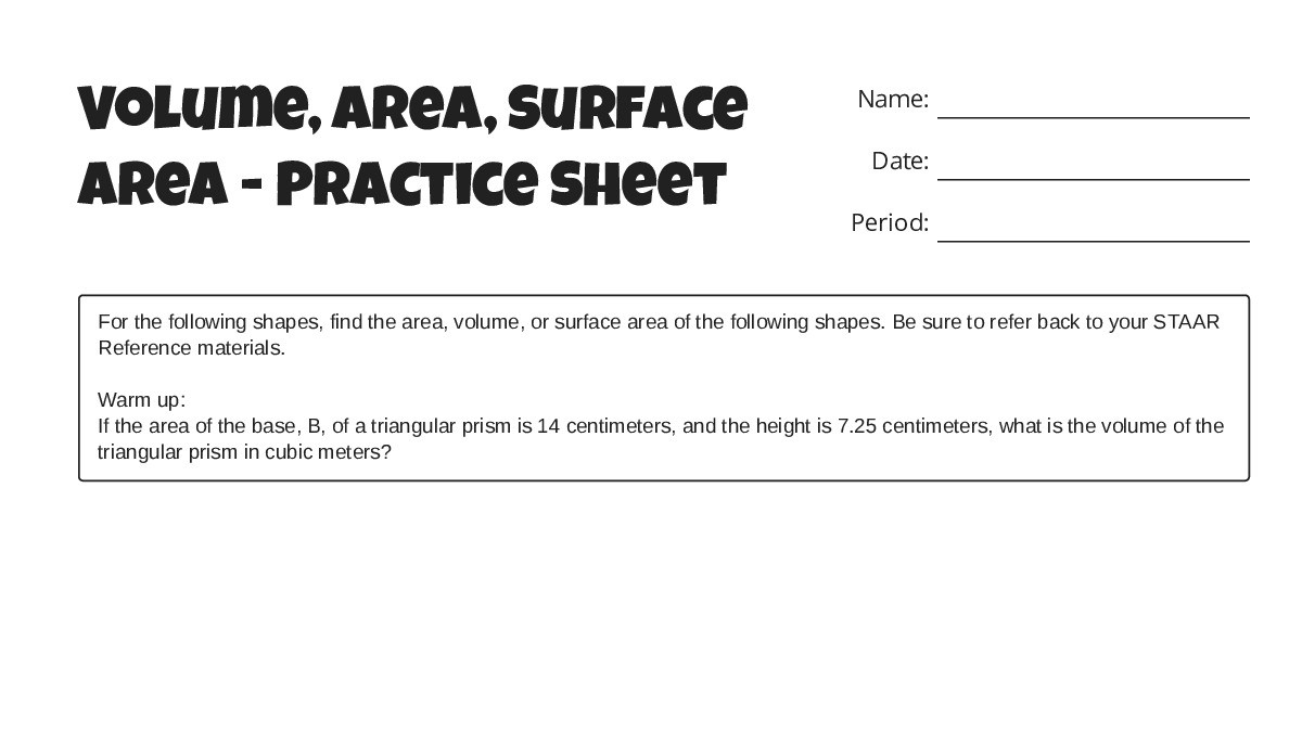 Volume, Area, Surface Area - Practice Sheet - My Worksheet Maker ...
