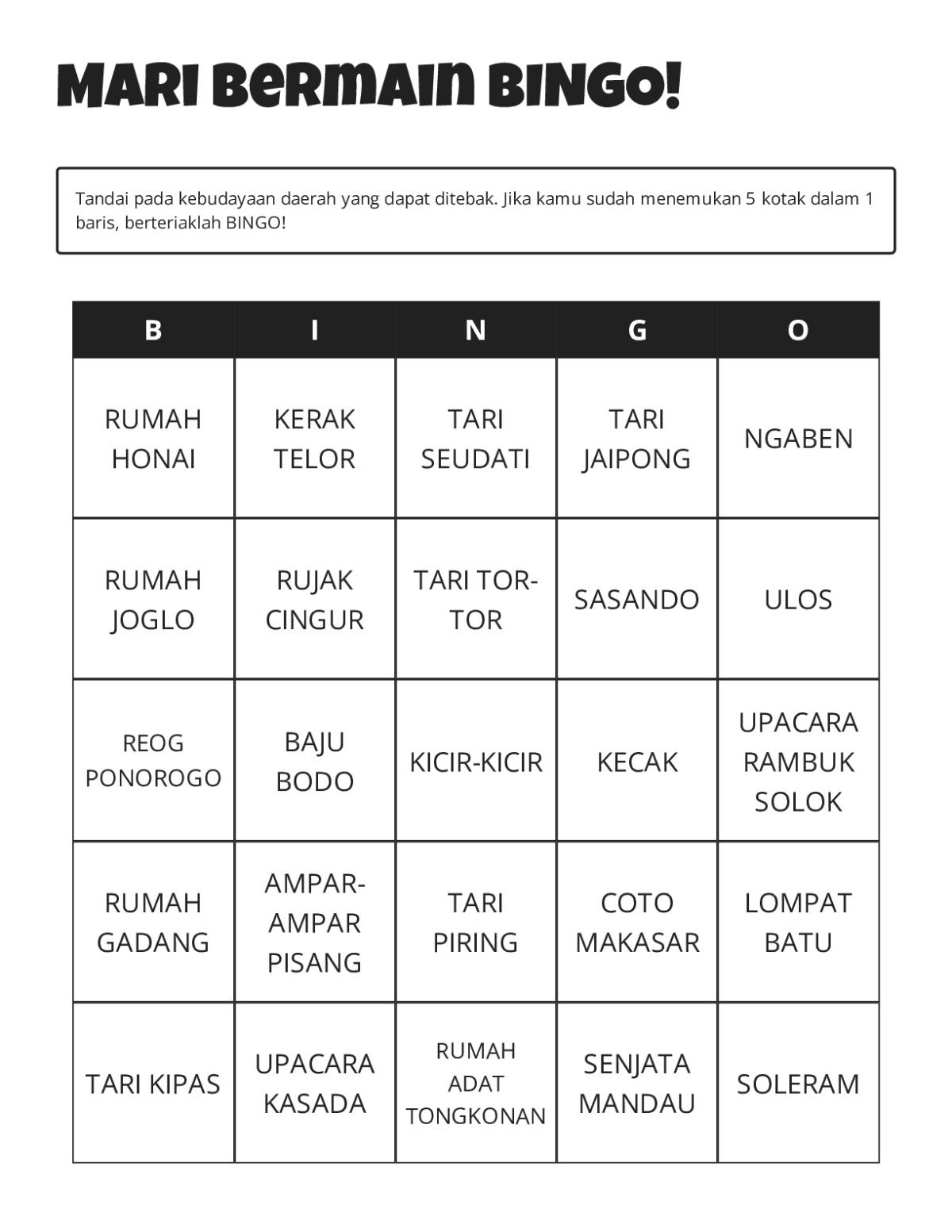 Indonesian cultural traditions bingo cards with traditional dances, architecture, and ceremonies.