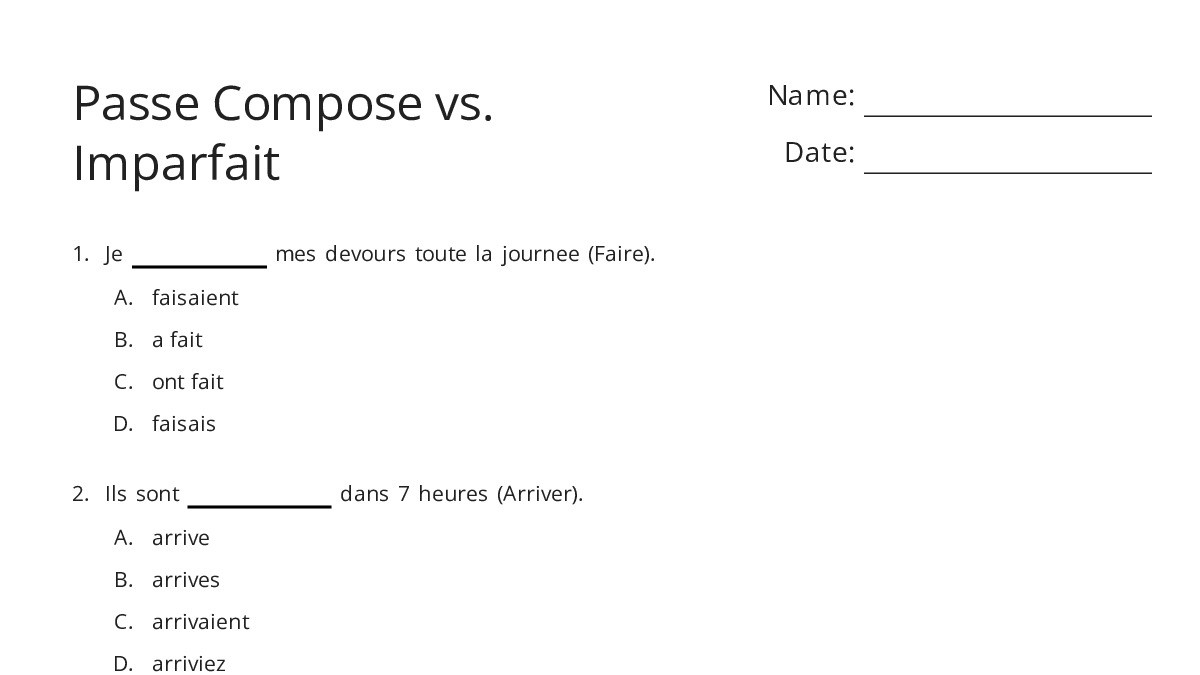 Passe Compose vs. Imparfait - My Worksheet Maker: Create Your Own ...