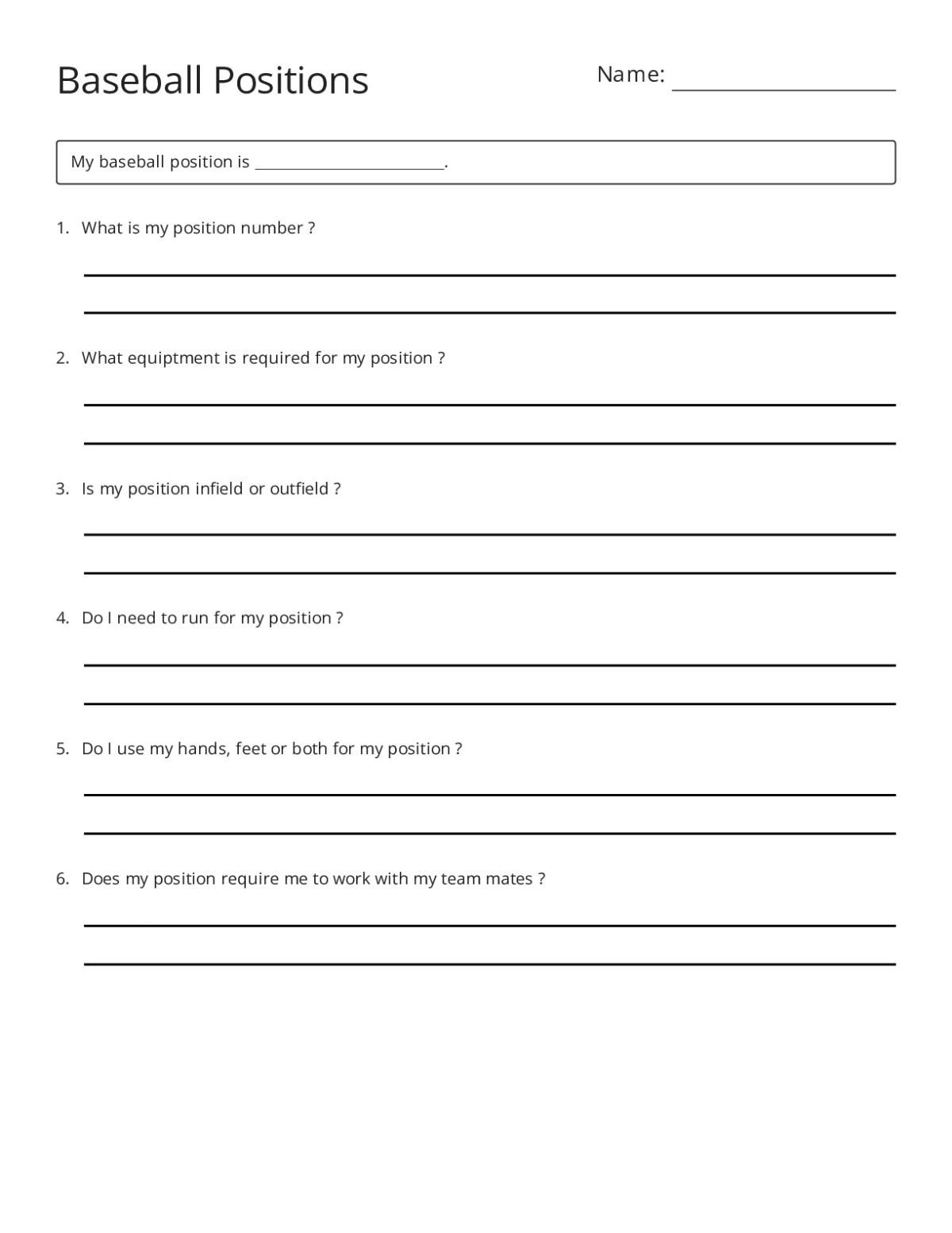 Printable 6th grade baseball worksheet with open-response questions about baseball positions, equipment, and field location.