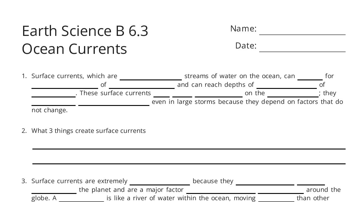 Earth Science B 6.3 Ocean Currents - My Worksheet Maker: Create Your ...