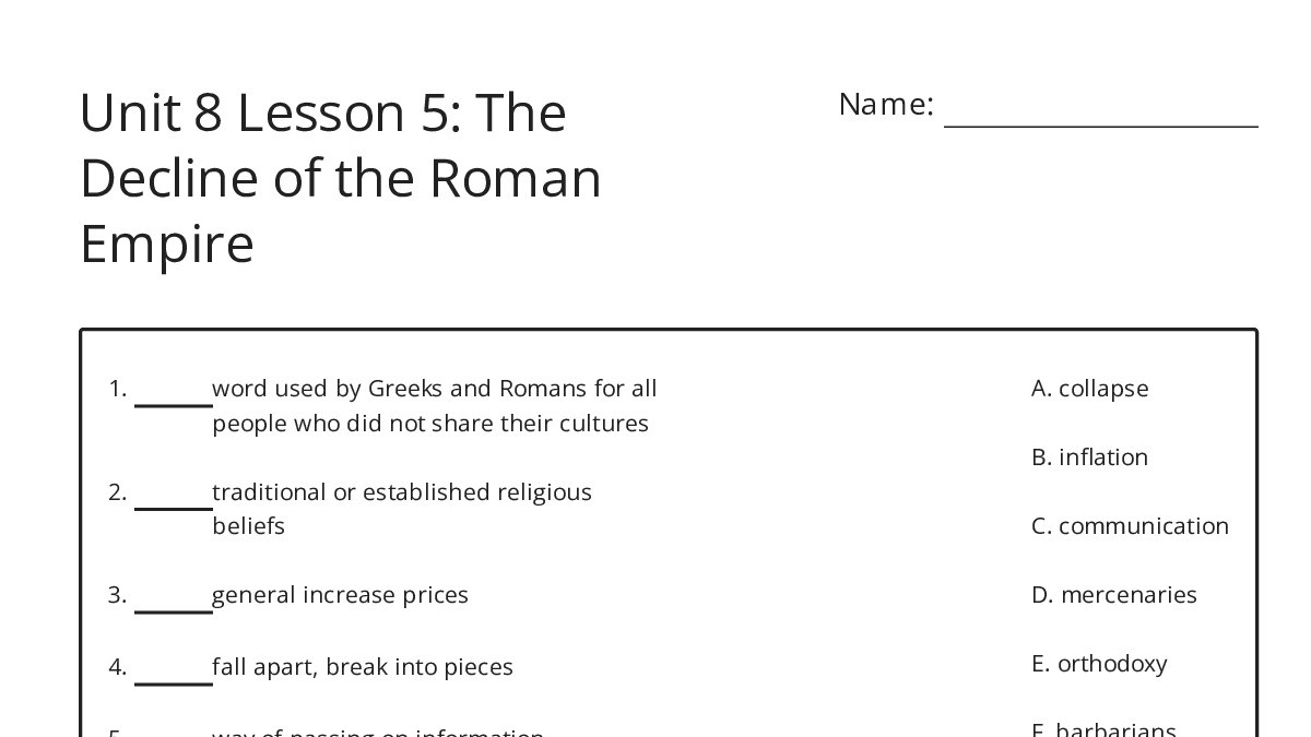 Unit 8 Lesson 5: The Decline of the Roman Empire - My Worksheet Maker ...