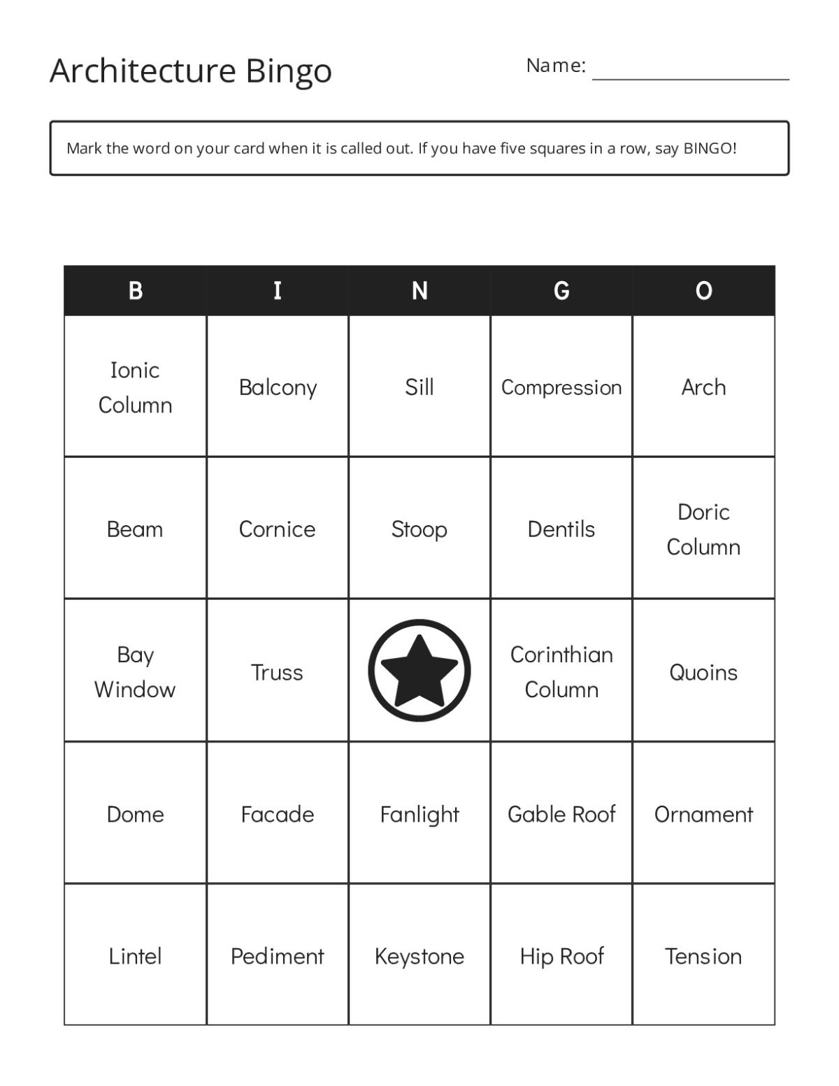 Architecture bingo cards with vocabulary for building elements like columns, domes, and arches.