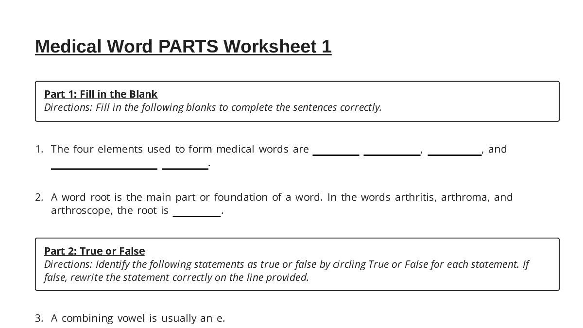 Medical Word PARTS Worksheet 1 - My Worksheet Maker: Create Your Own ...