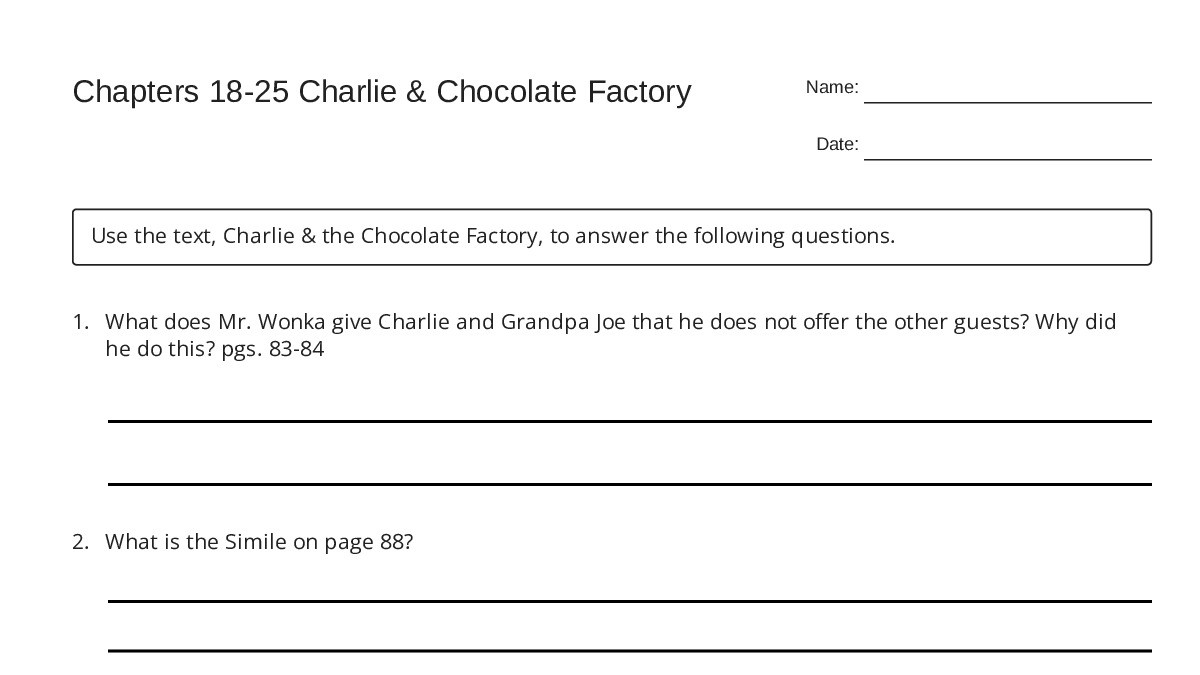 Chapters 18-25 Charlie & Chocolate Factory - My Worksheet Maker: Create ...