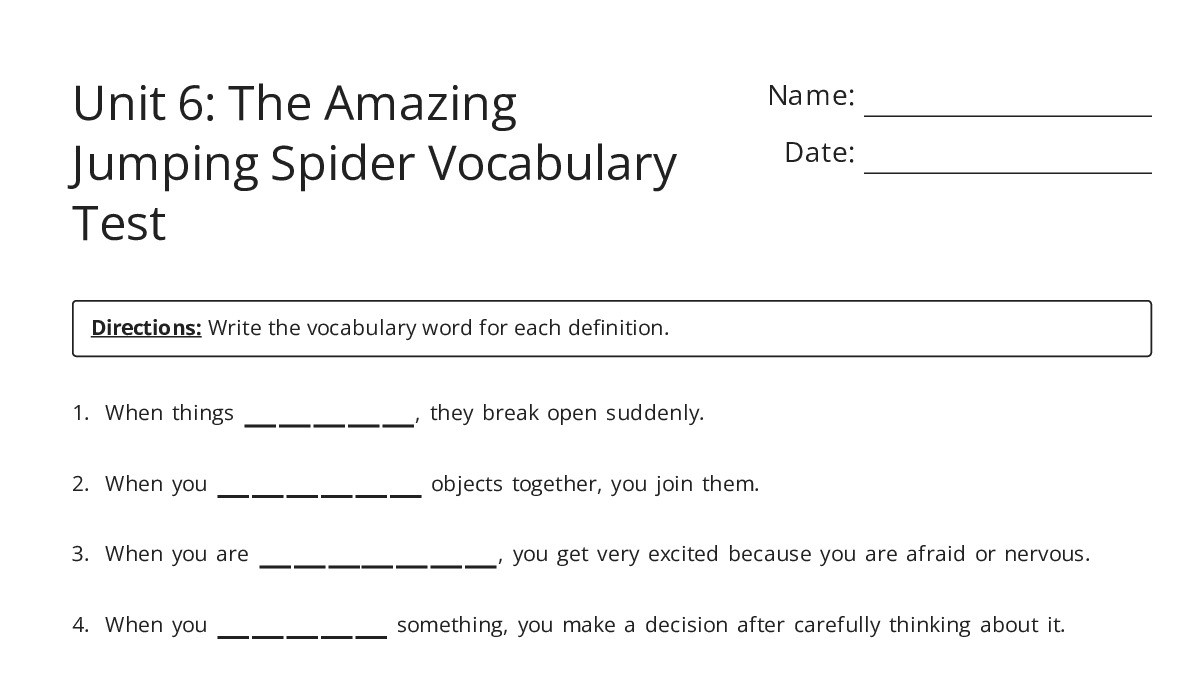 Unit 6: The Amazing Jumping Spider Vocabulary Test - My Worksheet Maker ...