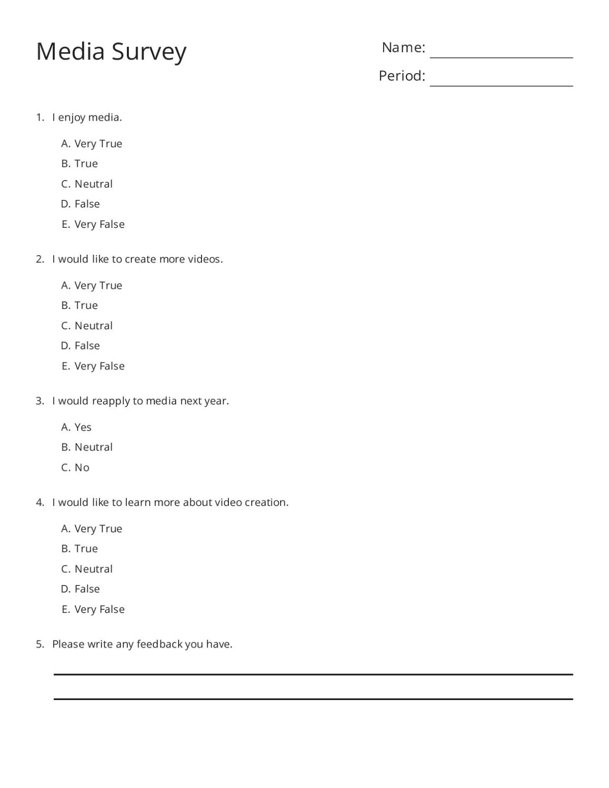 Printable 6th grade media course survey with Likert-scale questions about video creation and media learning.