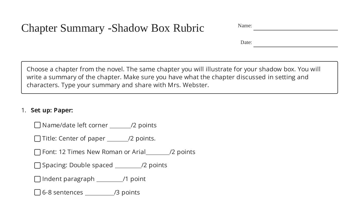 Shadow Rubic Chapter Summary -Shadow Box Rubric - My Worksheet Maker: Create Your ...