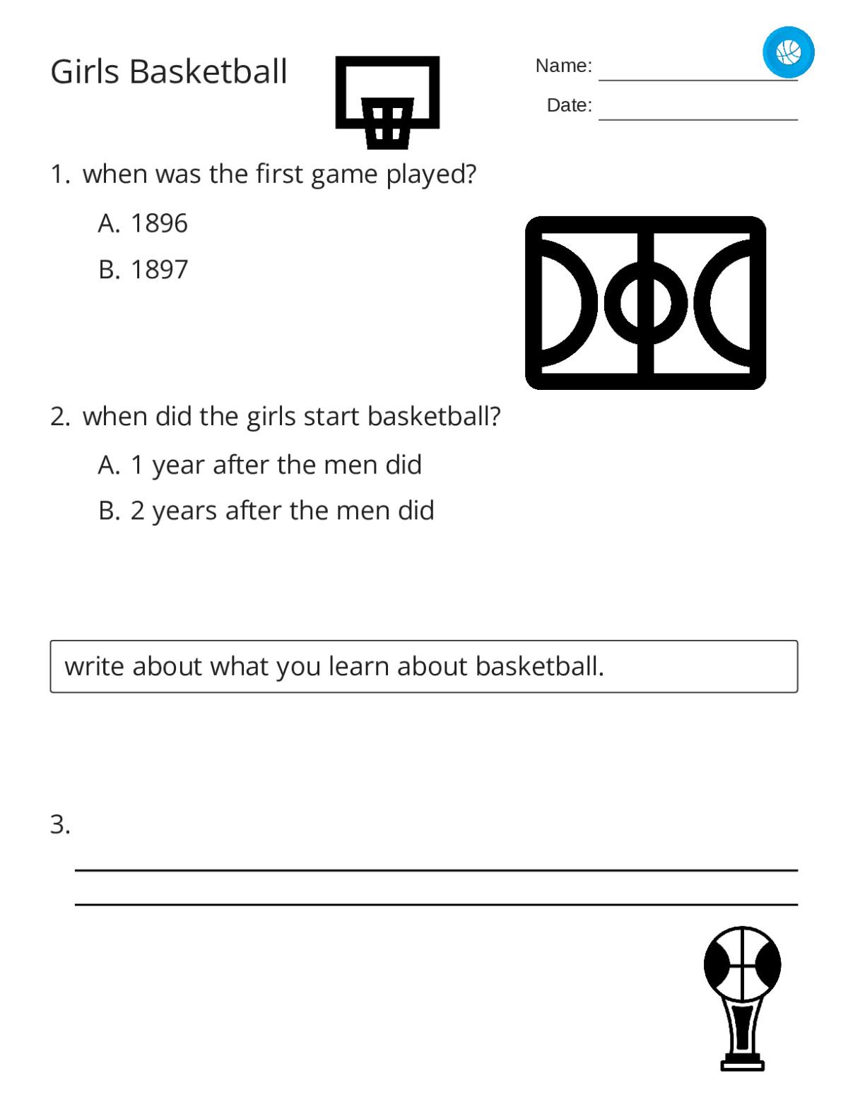 Printable 7th grade worksheet on women's basketball history with questions about game origins and women athletes.