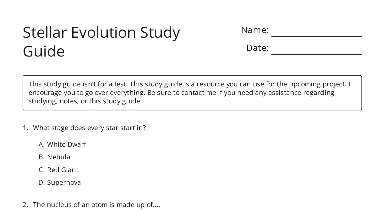Stellar Evolution Study Guide - My Worksheet Maker: Create Your Own ...