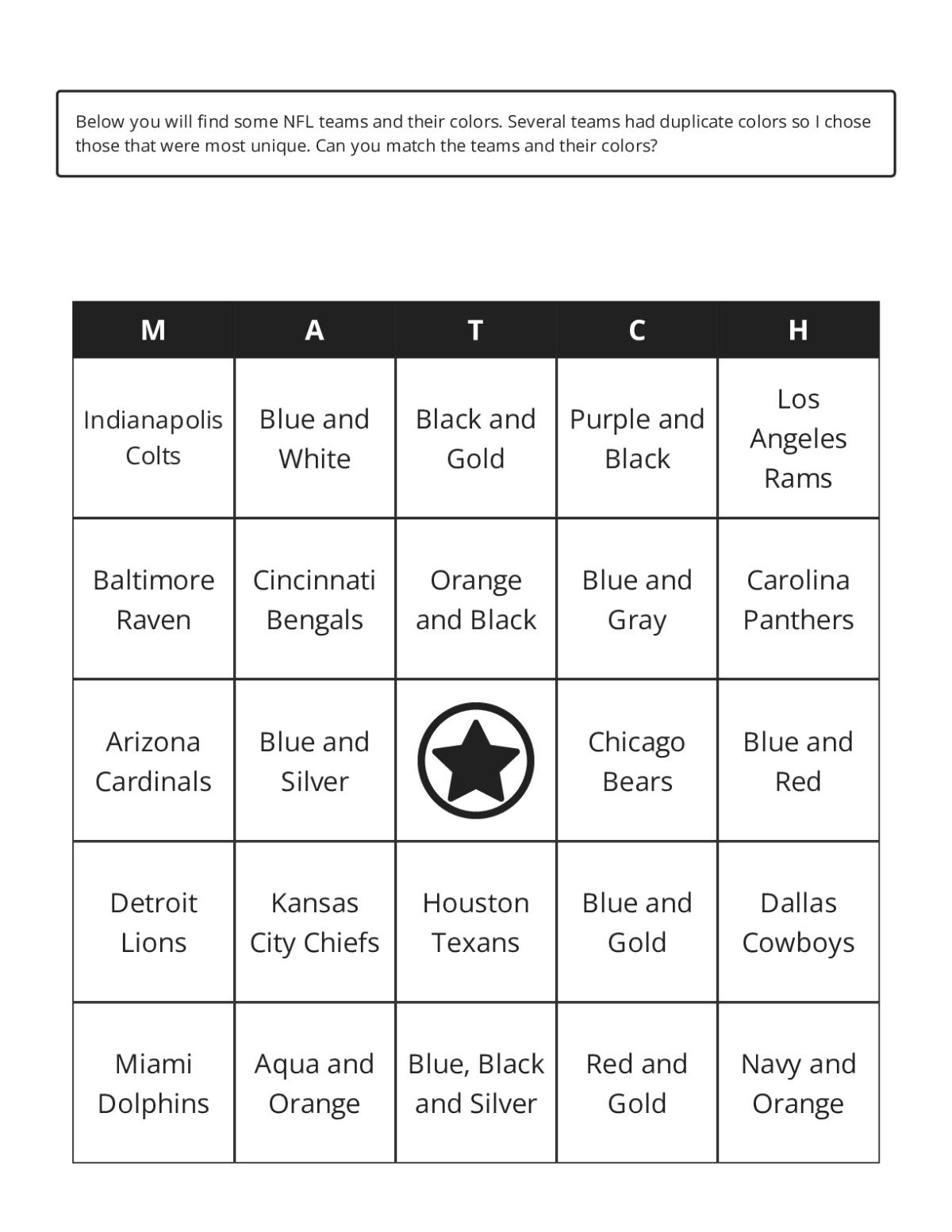 NFL bingo cards with professional football teams and official team colors.
