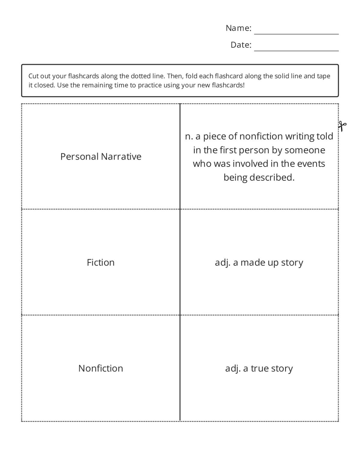 Writing terms flashcards including personal narrative, fiction, and character trait for Grade 4.