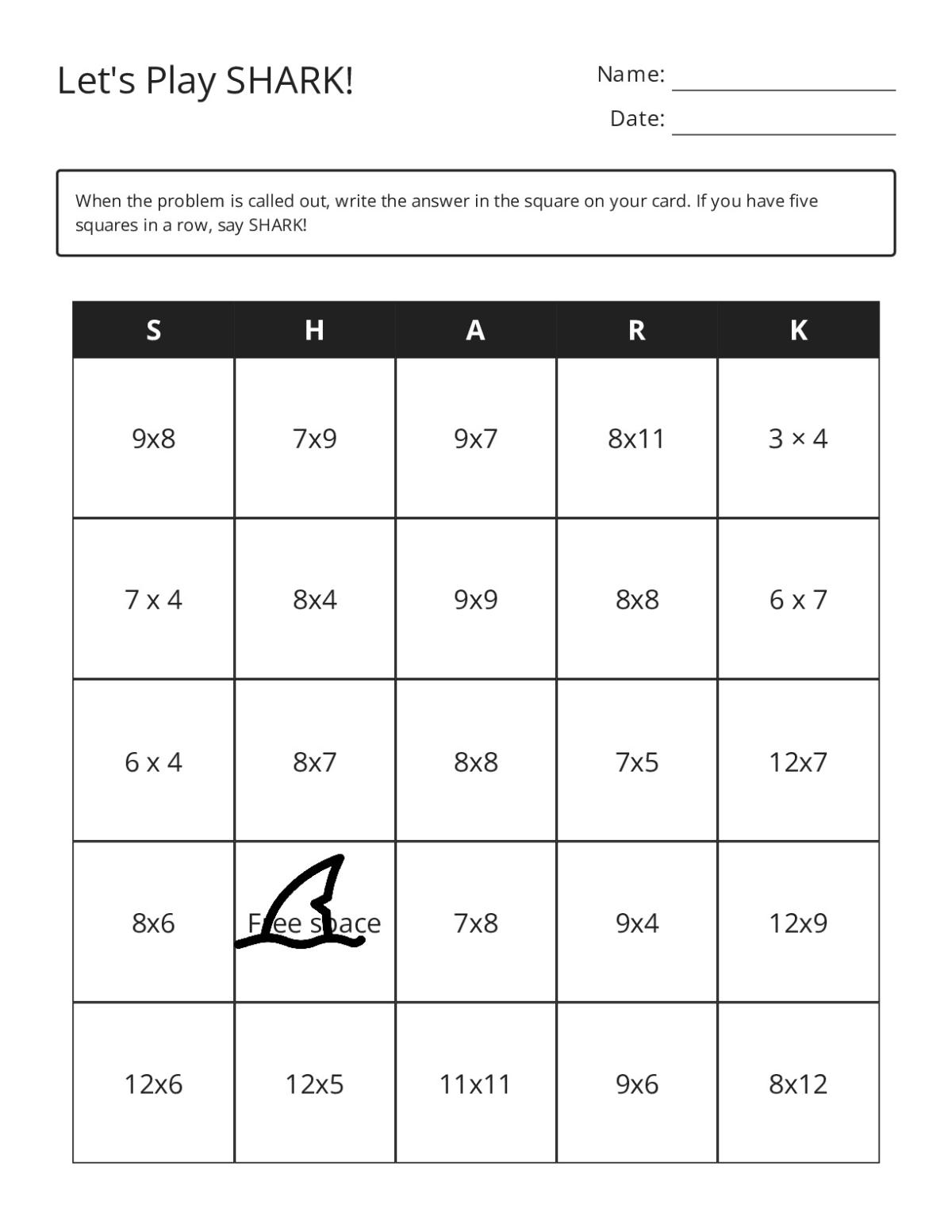 Multiplication bingo cards with facts like 9×9, 12×6, and 8×12 for Grades 4–5.