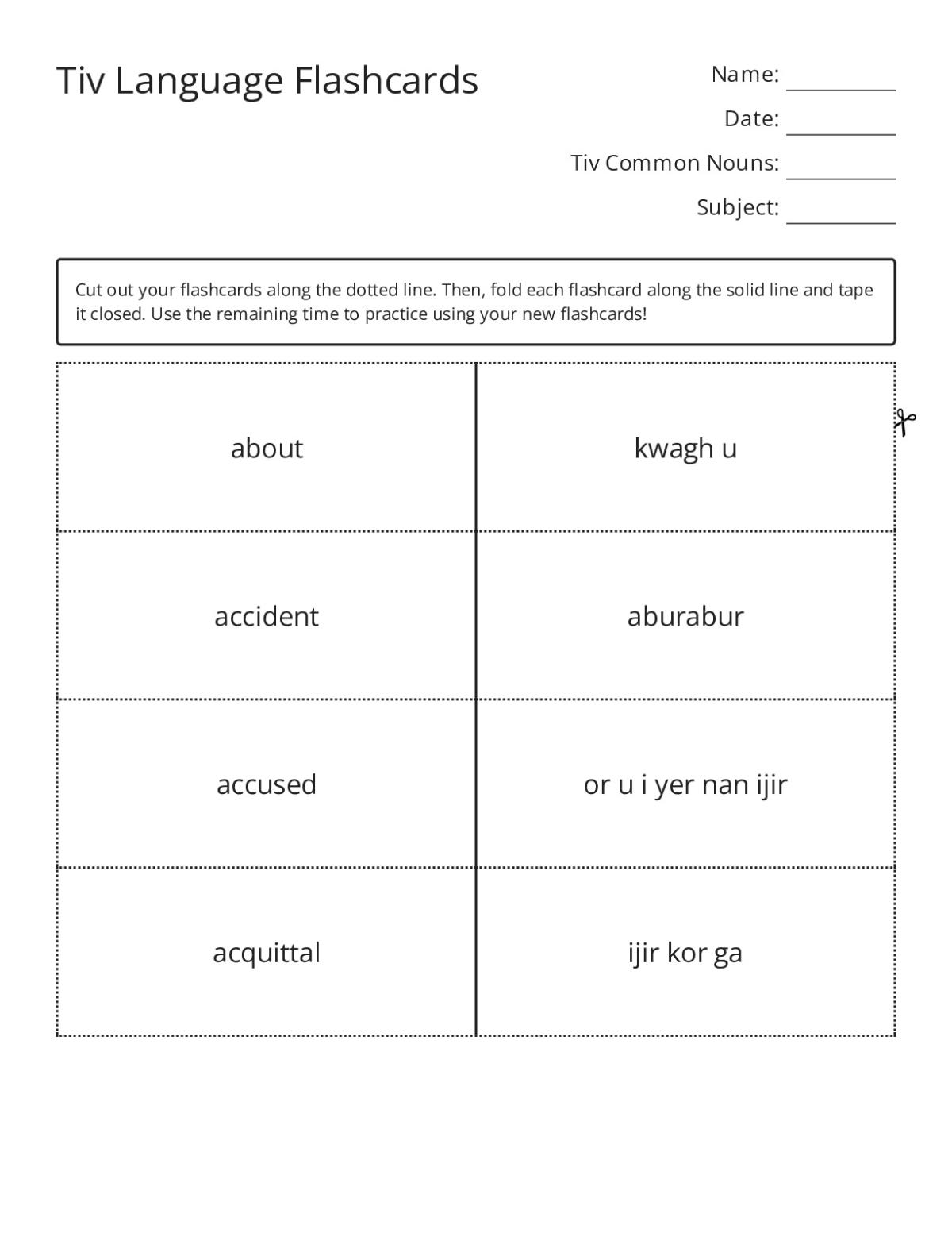 Tiv language flashcards with vocabulary terms like airplane, animal, breakfast, and dinner.