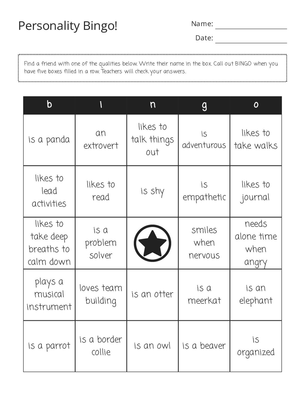 Personality bingo cards with animal archetypes, traits, and emotional responses for middle school students.