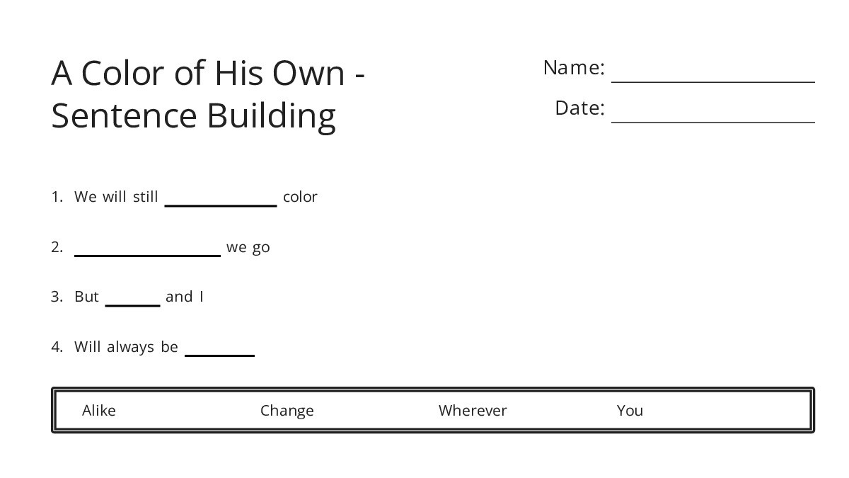 Sentences Building Colours A Color of His Own - Sentence Building - My Worksheet Maker: Create ...