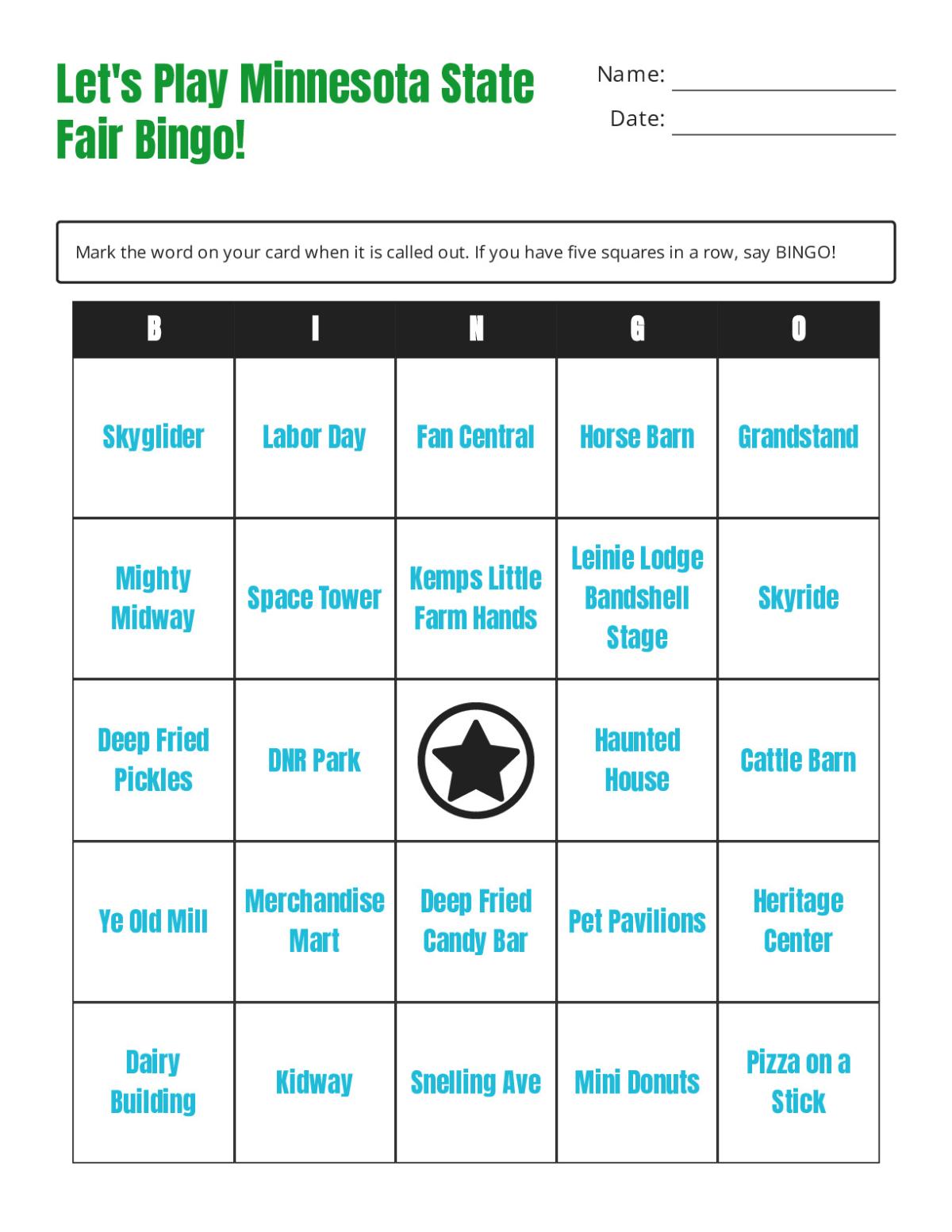 Minnesota State Fair bingo cards with attractions, food, and landmarks.
