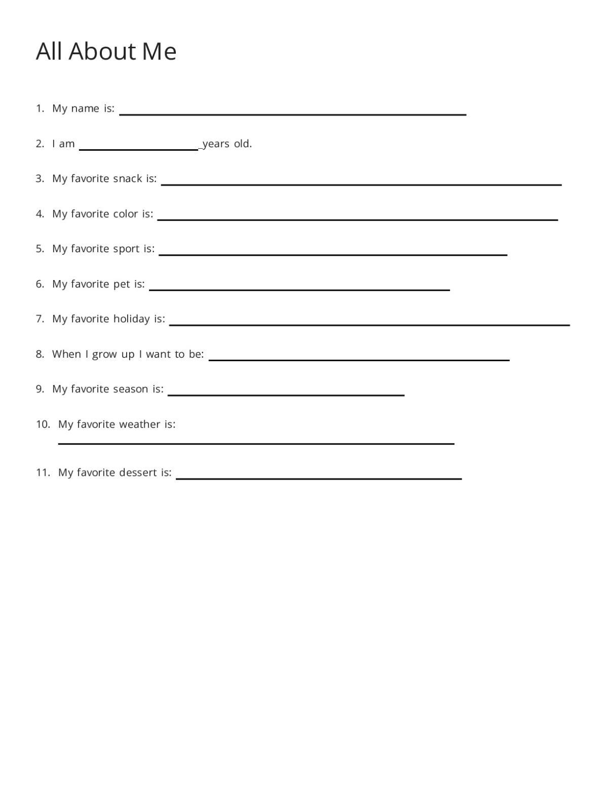 Printable "All About Me" fill-in-the-blank worksheet for early childhood students with prompts about their name, age, favorites, and dreams.
