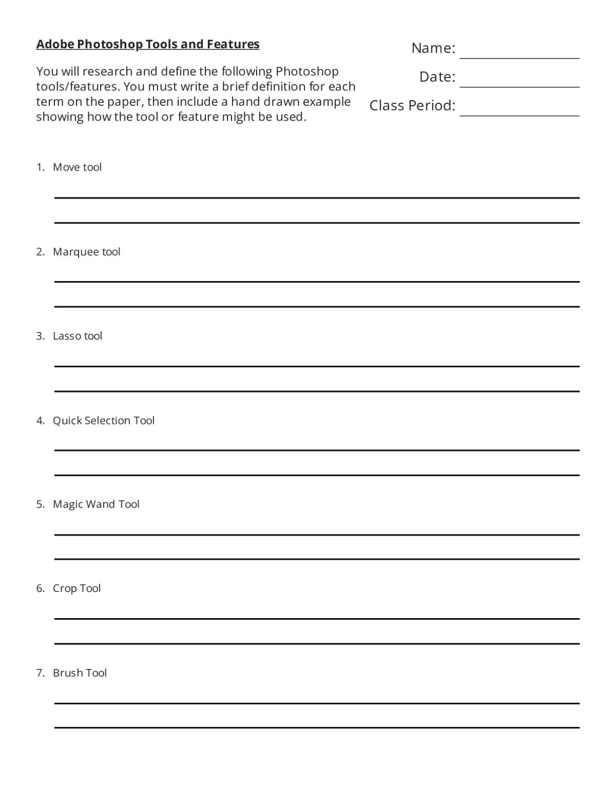 Printable Photoshop worksheet for high school students listing 14 tools and features including Move, Marquee, Lasso, and Clone Stamp tools.