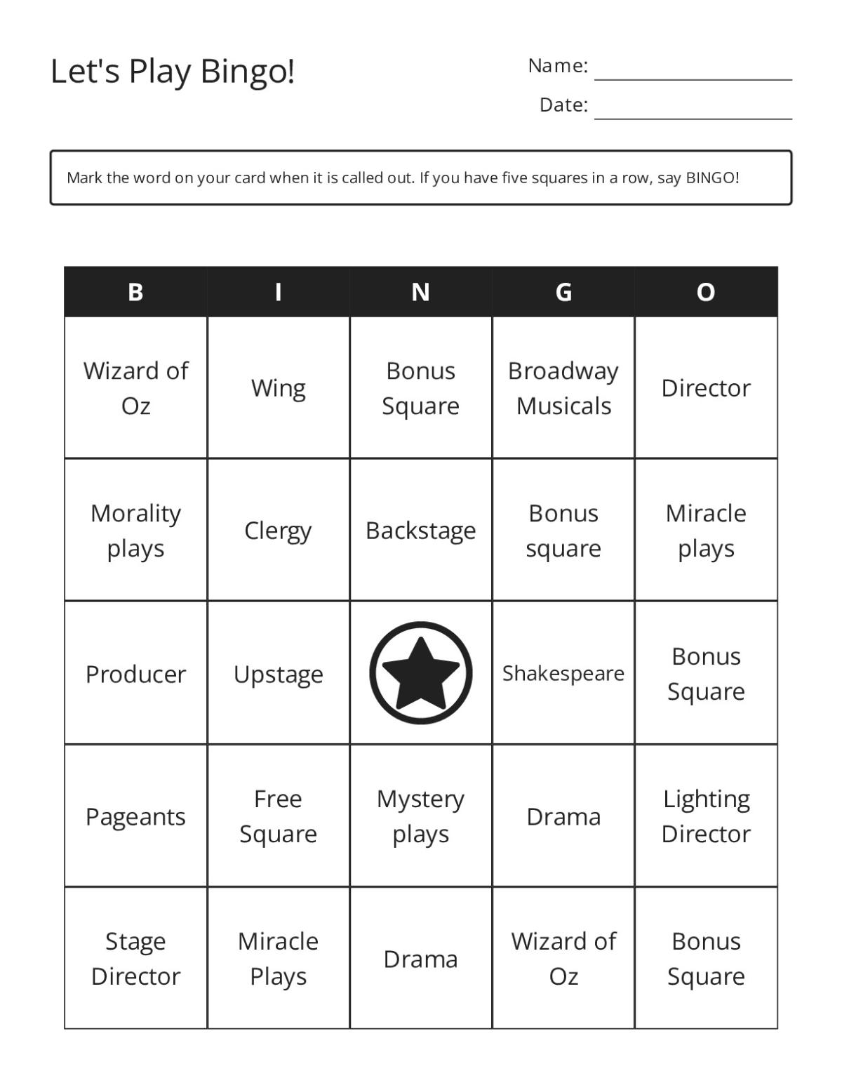Theater bingo cards with vocabulary for stage directions, Shakespeare, and drama terms.