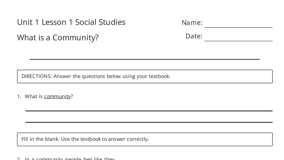 Unit 1 Lesson 1 Social Studies What is a Community? - My Worksheet ...