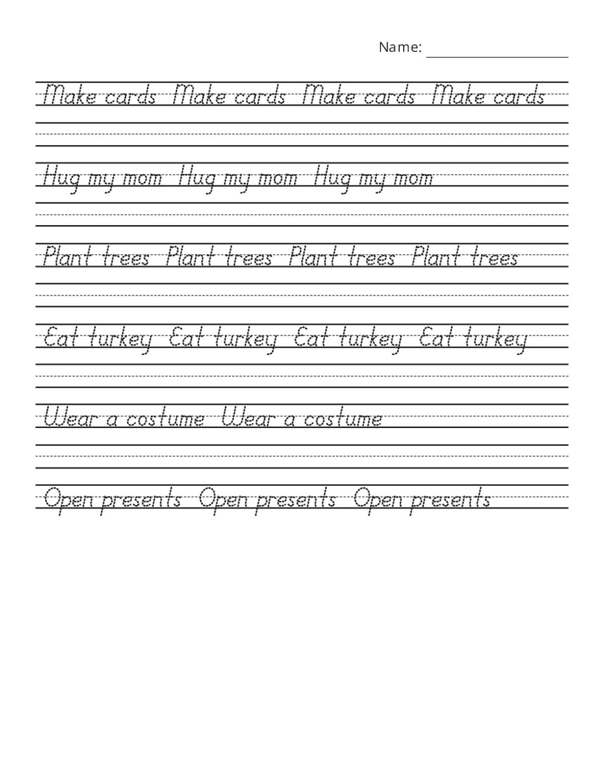 Printable 3rd grade handwriting worksheet with holiday phrases like making cards, planting trees, and opening presents.