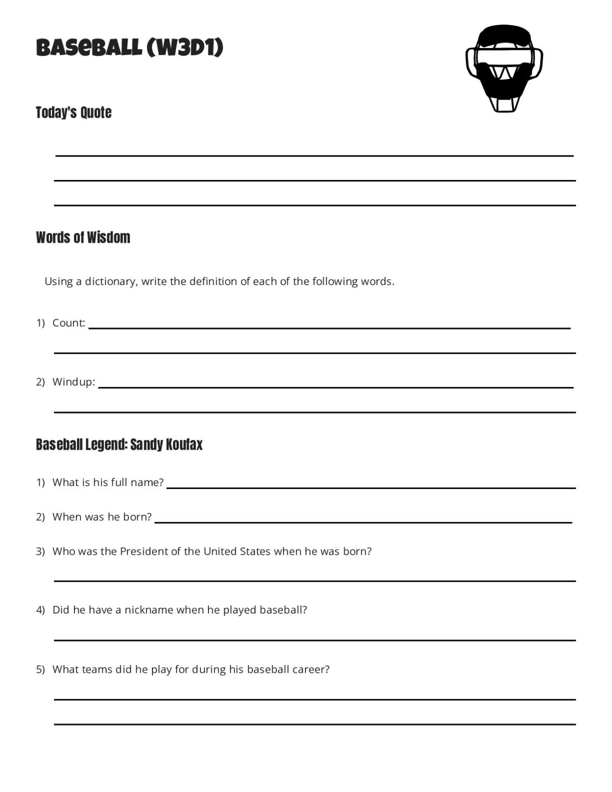 Printable baseball worksheet for elementary students with research questions about Sandy Koufax, the Colorado Rockies, and baseball history.