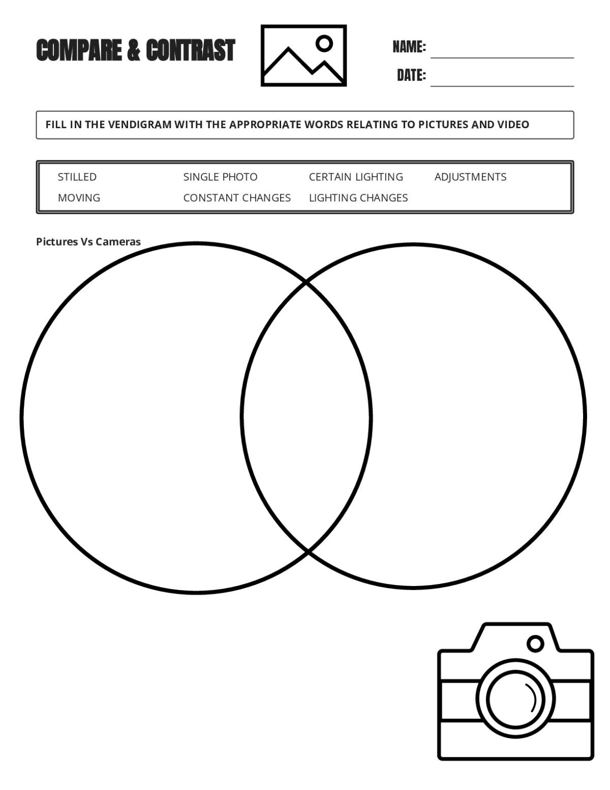 Printable Venn diagram worksheet for Grades 10 and 11 comparing pictures and video using media-related vocabulary.