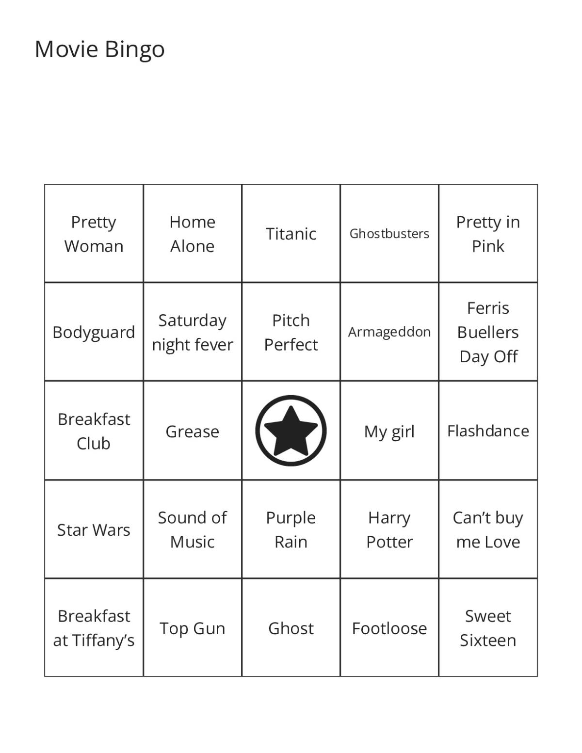Movie bingo cards with classic film titles including Grease, Dirty Dancing, and Harry Potter.