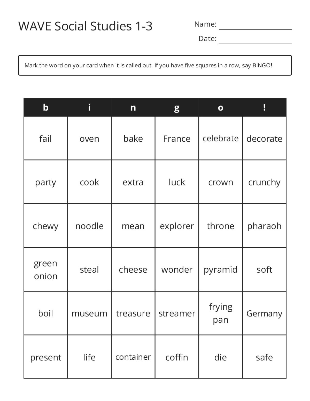 Social studies bingo cards with vocabulary for cultures, ancient Egypt, celebrations, and international foods.