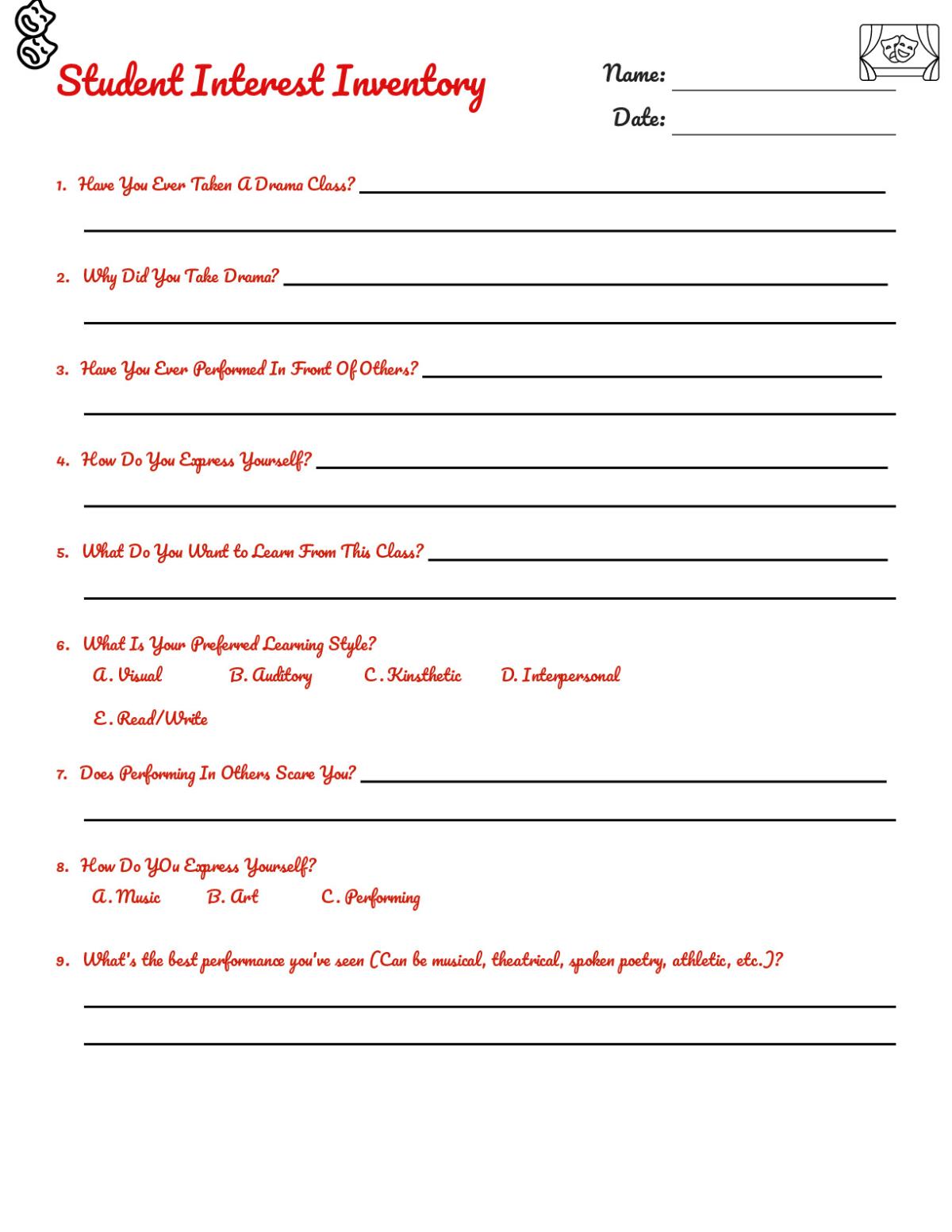 Student interest inventory for drama class with questions about performance experience, creative expression, and learning styles.