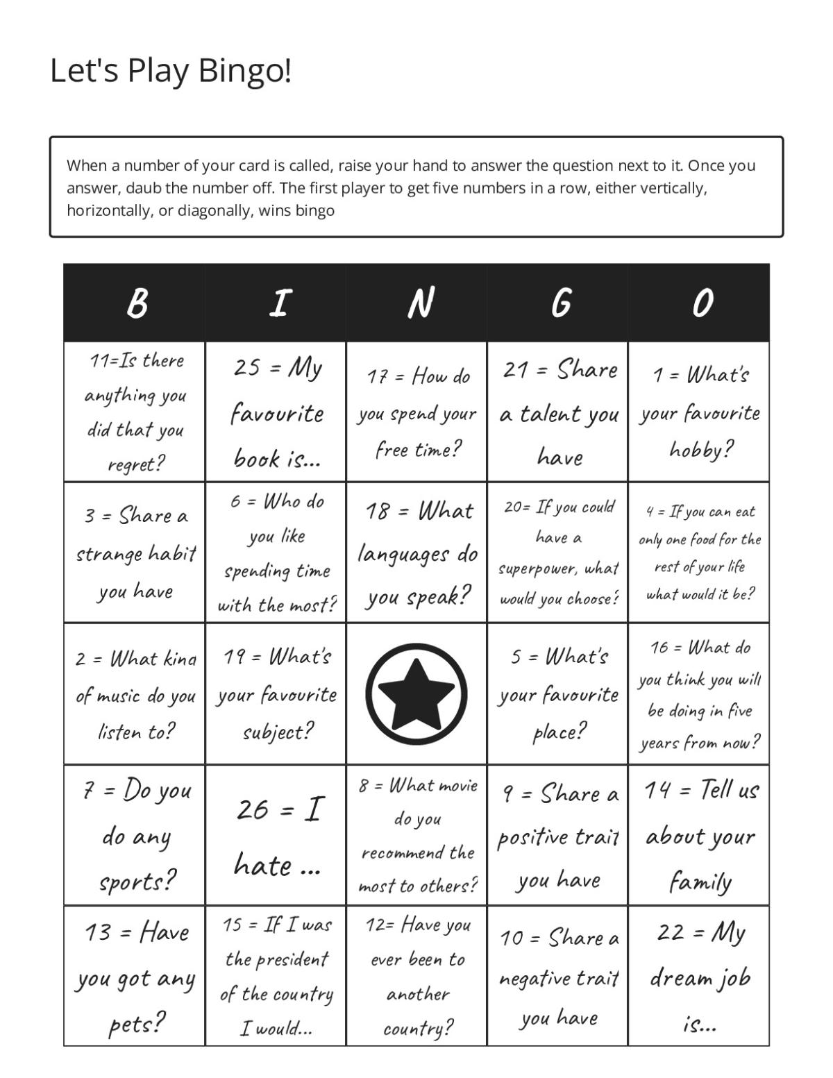 Conversation starter bingo cards with prompts about hobbies, languages, and personal dreams.