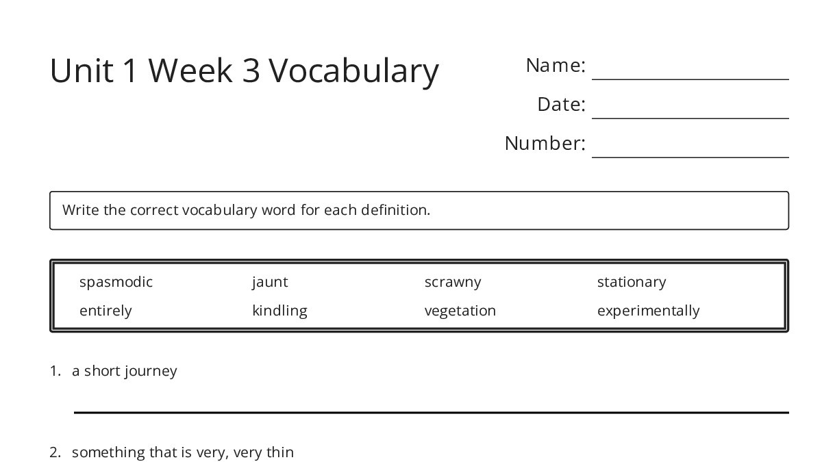 Unit 1 Week 3 Vocabulary - My Worksheet Maker: Create Your Own Worksheets