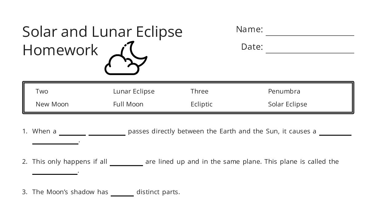 Solar and Lunar Eclipse Homework - My Worksheet Maker: Create Your Own ...