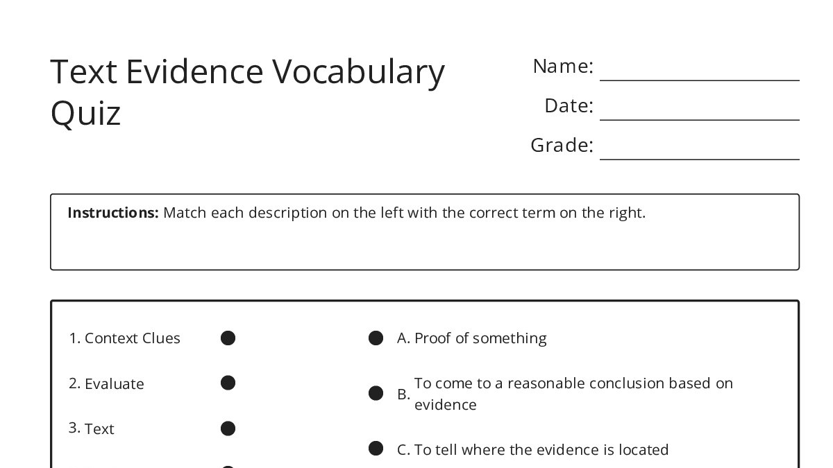 Text Evidence Vocabulary Quiz - My Worksheet Maker: Create Your Own ...