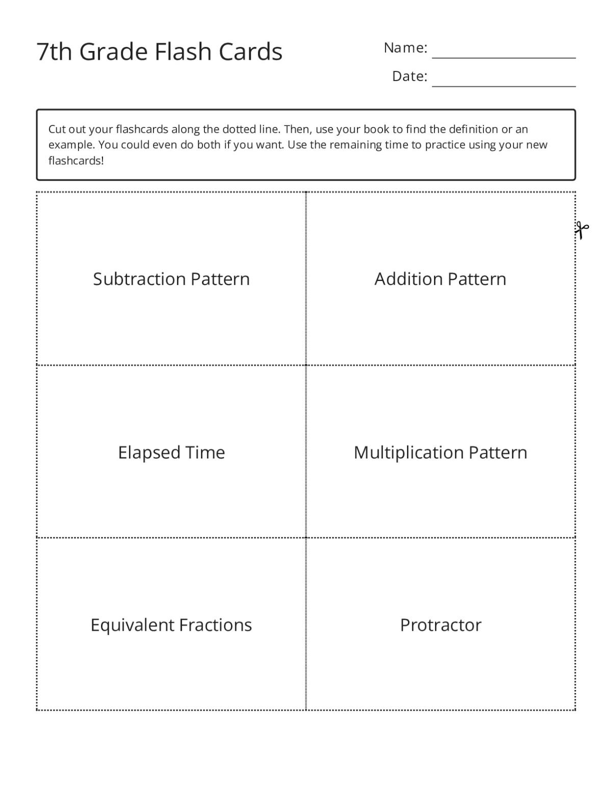 7th Grade math flashcards with polygon, vertex, protractor, and congruent figures.