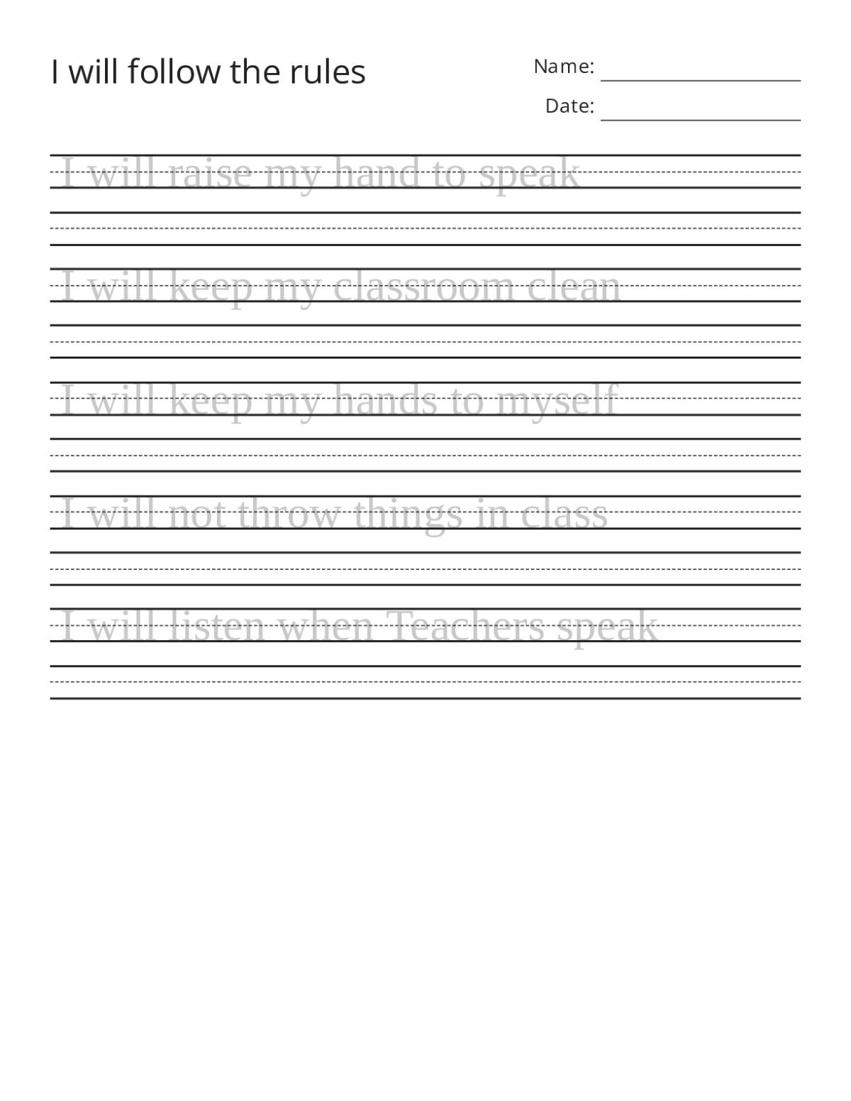 Pre-K handwriting worksheet with classroom rules for students to trace, including raising hands, listening, and keeping hands to oneself.