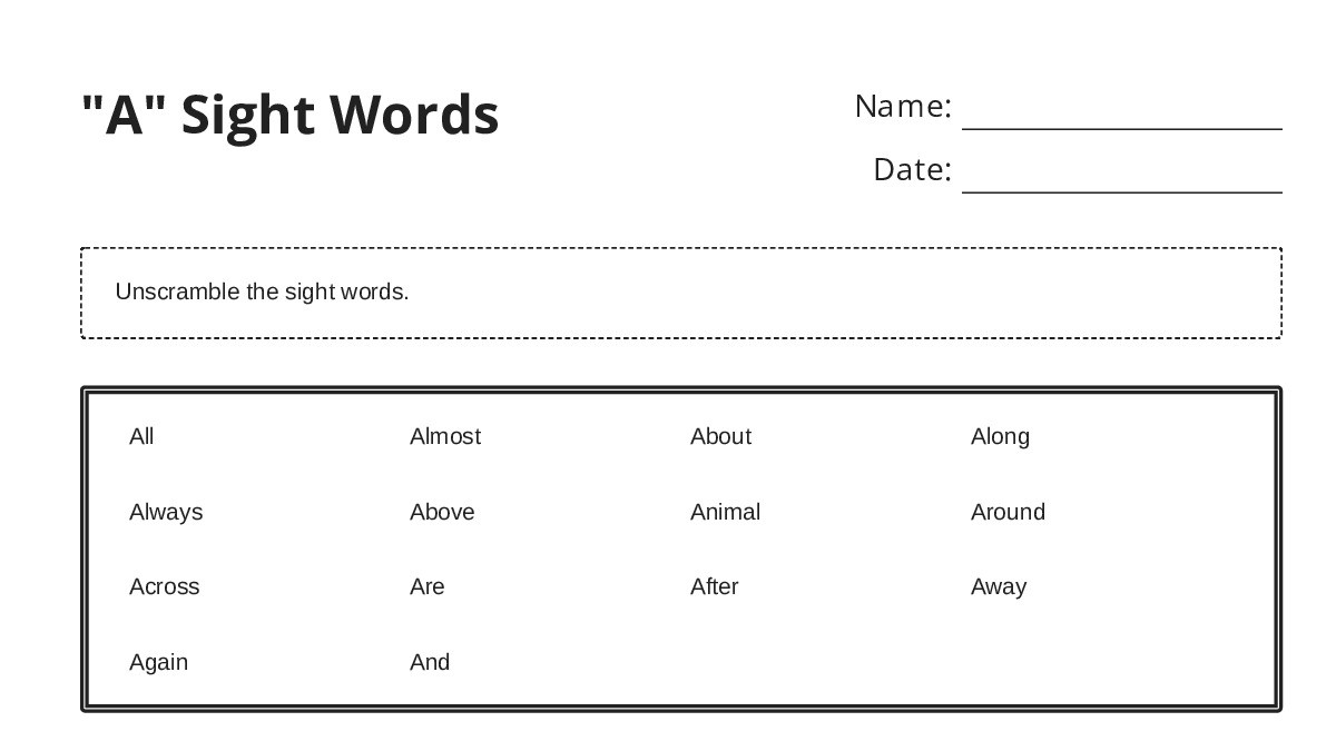 A" Sight Words - My Worksheet Maker: Create Your Own Worksheets